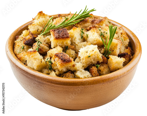 Homemade stuffing made with herbs served in a wooden bowl isolated on transparent background