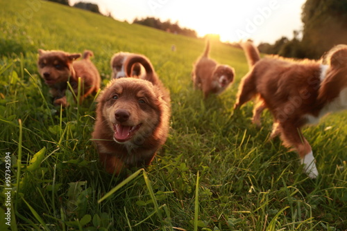 A group of puppies playing in a field photo