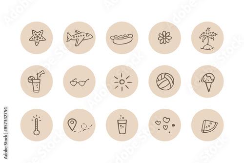 Vector set of highlights for social media. Summer elements: plane, food, sun, ice cream, watermelon, sunglasses and others.