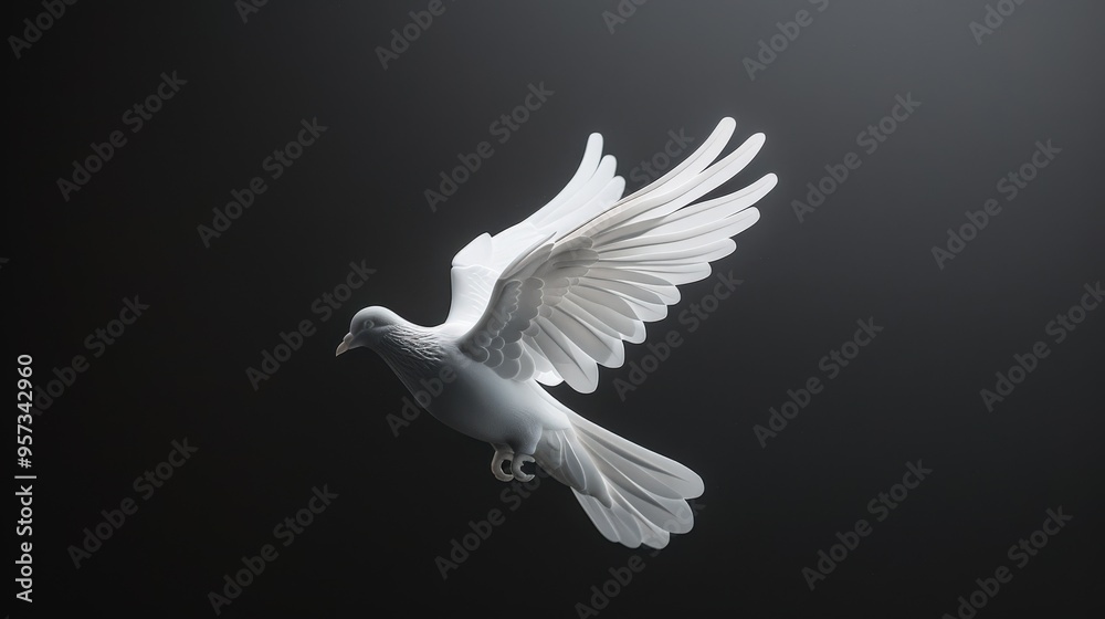 Flying Dove. Beautiful White Dove Soaring in Peaceful Isolated Black Background