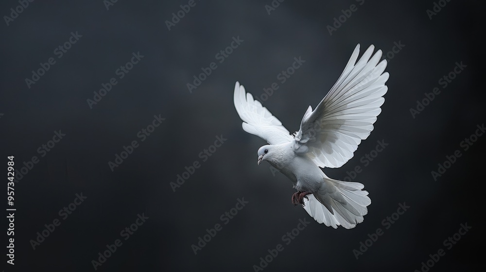 Fototapeta premium Flying Dove. White Dove Soaring in Sky on Isolated Black Background