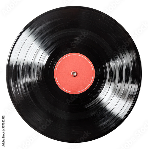 Classic vinyl record on display with vibrant grooves and label isolated on transparent background