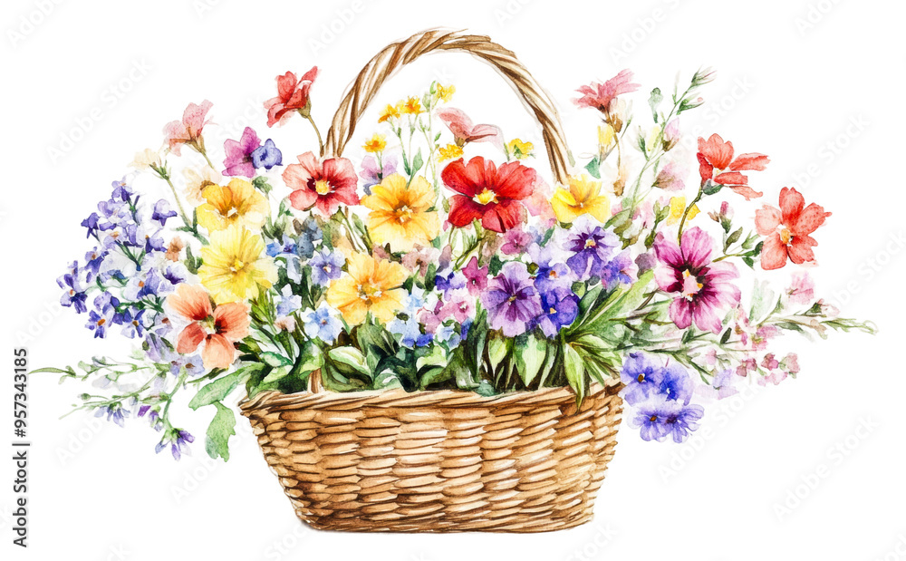 Obraz premium Colorful bouquet of wildflowers in a woven basket on display isolated on transparent background