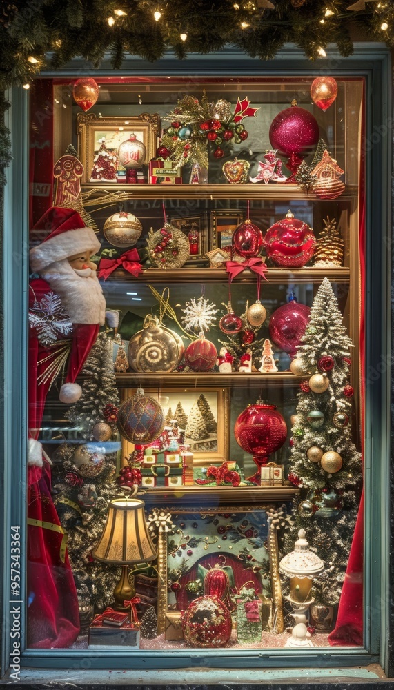 Fototapeta premium Beautifully Decorated Christmas Window Display with Festive Ornaments and Holiday Lights for Seasonal Cheer