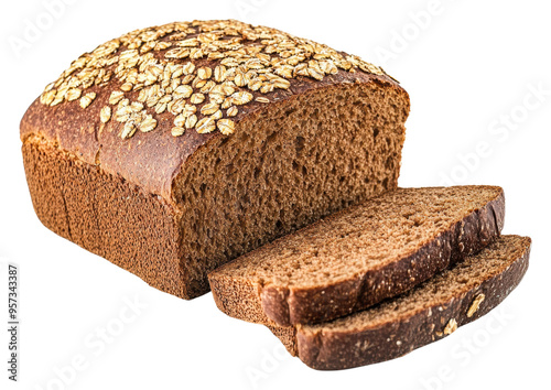 Freshly baked whole grain bread with oats sliced for serving isolated on transparent background