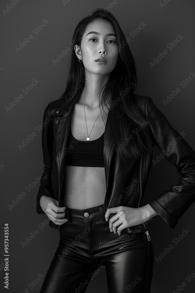 A woman in a black leather jacket and pants poses for a photo A woman in a black leather jacket and pants poses for a photo