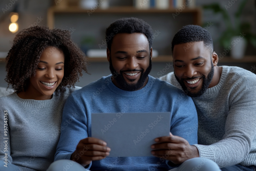 Three people are sitting on a couch and looking at a tablet Three people are sitting on a couch and looking at a tablet