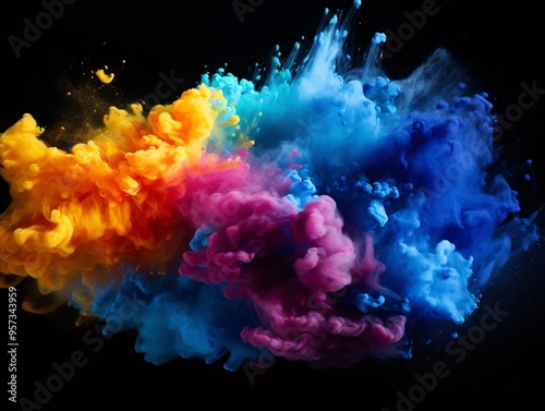 Clouds of multi-colored dust on a black background. Artificial intelligence. 