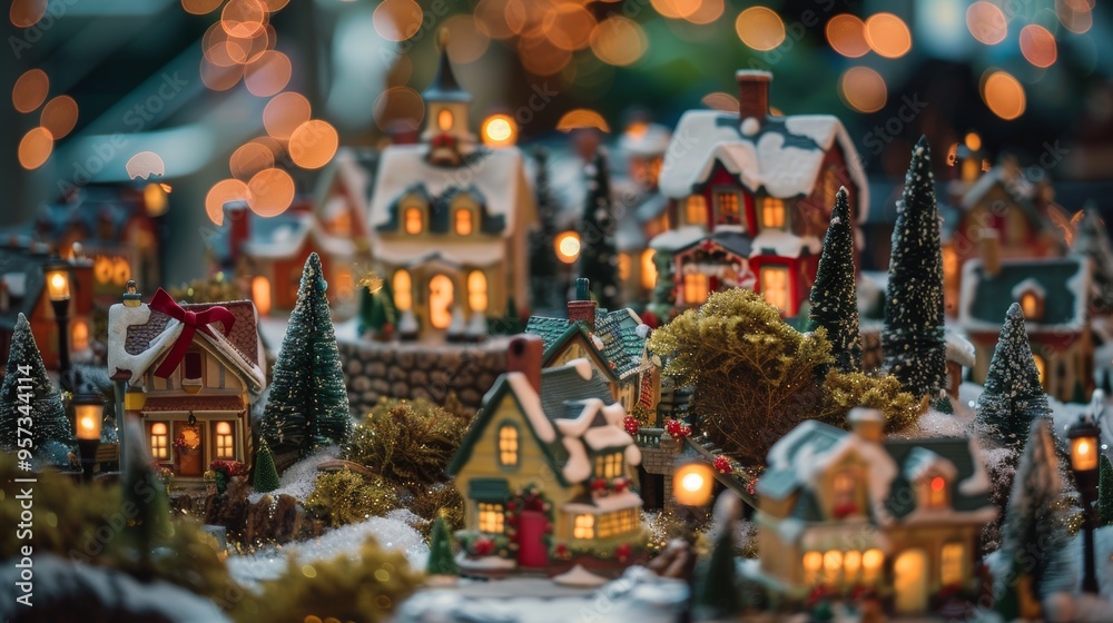 Fototapeta premium Charming Christmas Village Display with Miniature Houses and Festive Decorations