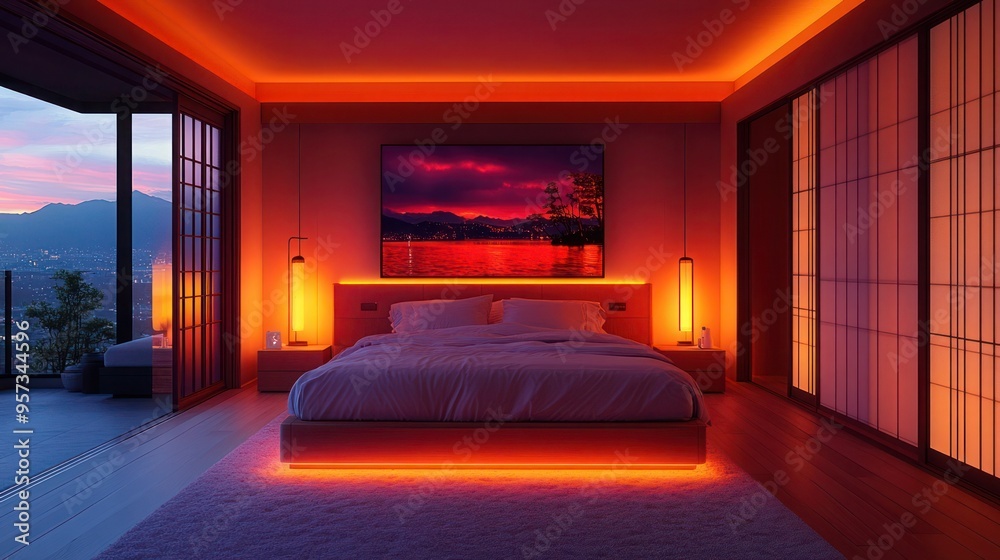 A smart home bedroom with AI-driven automation systems controlling lighting. Futuristic smart home bedroom with intelligent lighting automation. A smart home bedroom with AI-driven automation systems controlling lighting. Futuristic smart home bedroom with intelligent lighting automation.