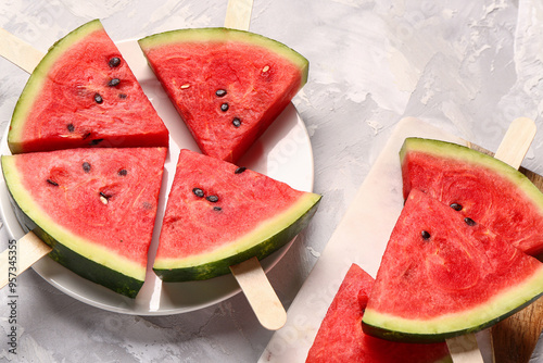 Fresh watermelon slices on ...