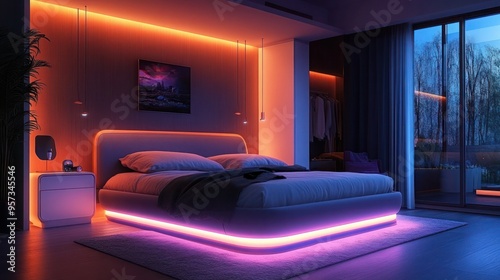 A smart home bedroom with AI-driven automation systems controlling lighting. Futuristic smart home bedroom with intelligent lighting automation.