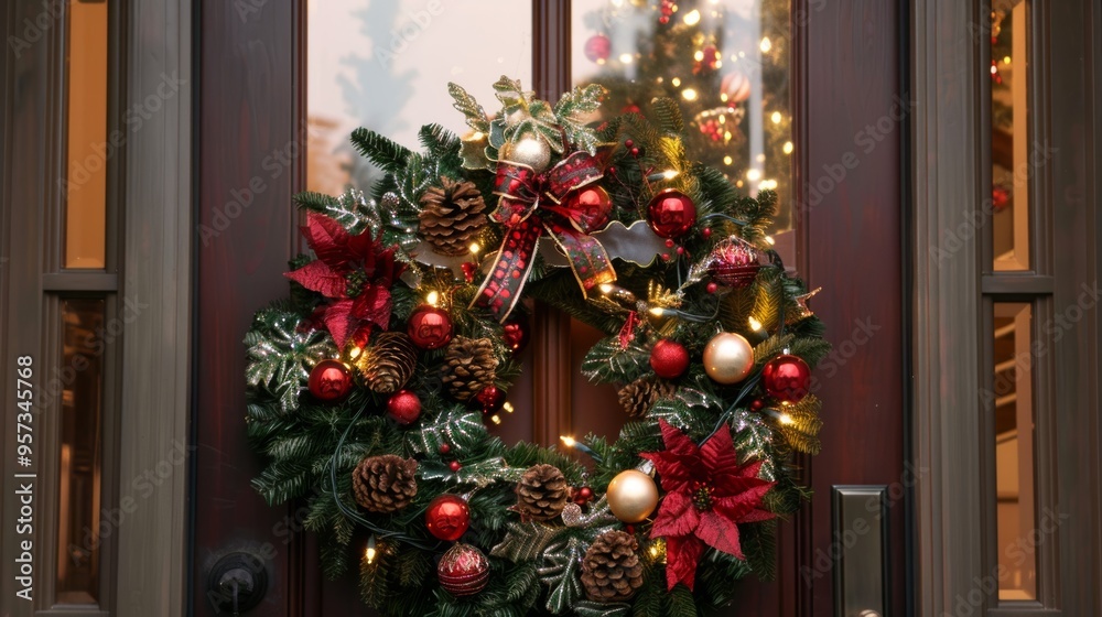 Beautiful Christmas Wreath with Festive Ornaments, Ribbons, and Lights on Front Door Beautiful Christmas Wreath with Festive Ornaments, Ribbons, and Lights on Front Door