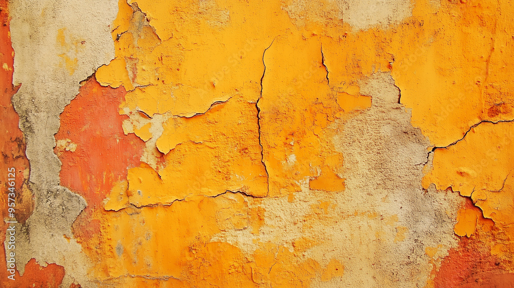 Obraz premium Cracked yellow and orange peeling paint on old wall. Grunge texture for backgrounds.