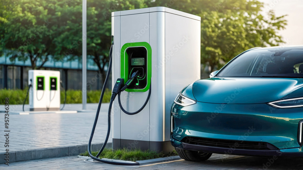 An electric car connected to a sleek charging station, representing clean energy and eco-friendly transportation. An electric car connected to a sleek charging station, representing clean energy and eco-friendly transportation.
