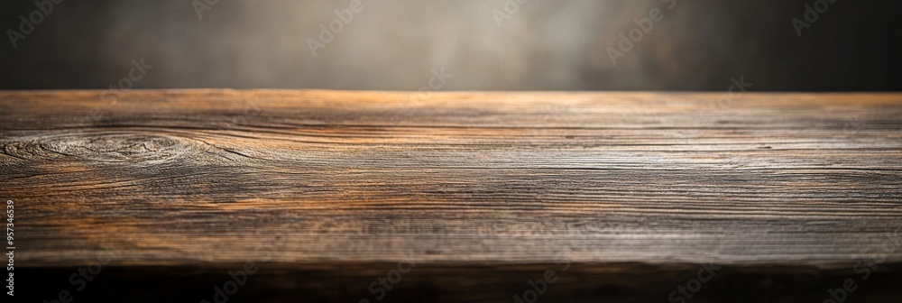Fototapeta premium An empty, weathered wooden table surface showcases rich grain and texture, inviting a warm, rustic atmosphere. The soft lighting adds depth to its weathered charm