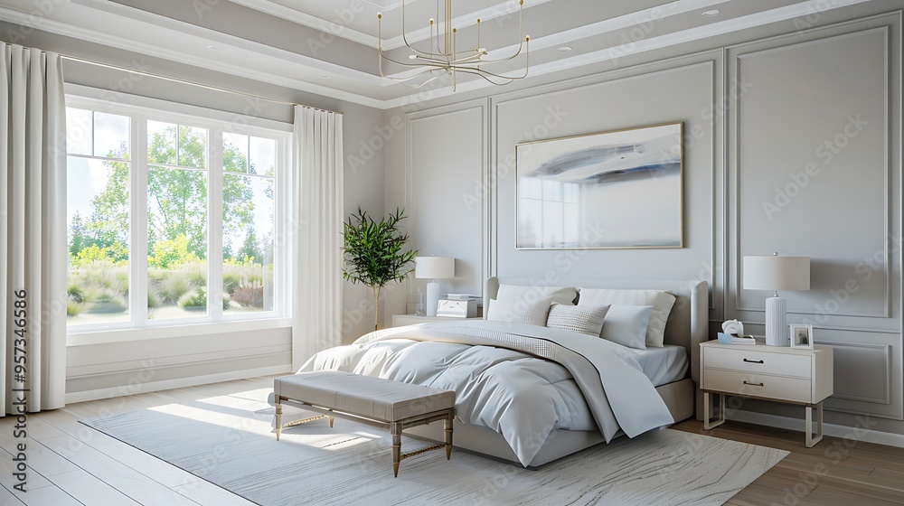 Obraz premium Bright bedroom with minimalist crown molding and soft color palette