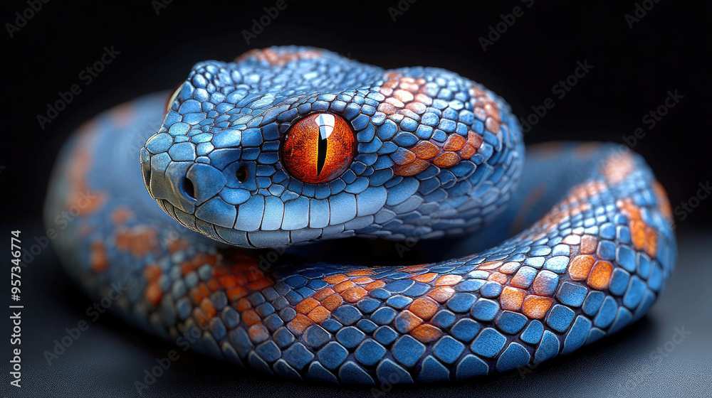 Fototapeta premium Close-up of a beautifully detailed pit viper coiled on a branch, showcasing its vibrant orange and yellow scales in a striking nature shot.
