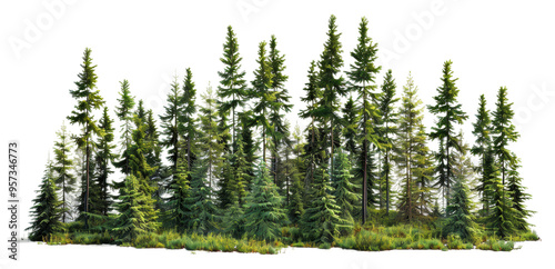 Fototapeta Naklejka Na Ścianę i Meble -  Lush green forest with tall pine trees and vibrant undergrowth isolated on transparent background