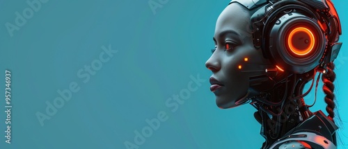 Side view of robot female on blue background 