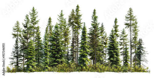 Fototapeta Naklejka Na Ścianę i Meble -  Lush green coniferous forest with dense trees in natural setting isolated on transparent background