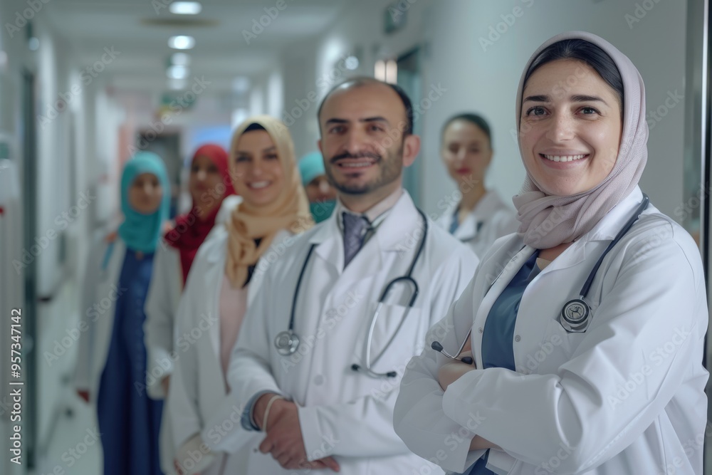 Portrait Of Smiling Multi Cultural Medical Team Standing In Hospital Corridor Portrait Of Smiling Multi Cultural Medical Team Standing In Hospital Corridor