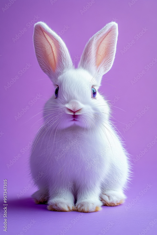 Obraz premium Cute bunny little ears, white rabbit on lavender background