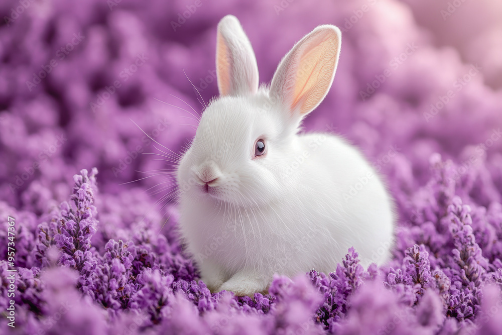 Fototapeta premium Cute bunny little ears, white rabbit on lavender background