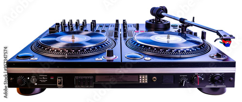 DJ turntables set up for a live performance at a music event isolated on transparent background photo