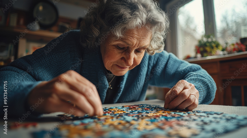 Elderly woman putting together puzzle on table in nursing home, old age and medical care, geriatric healthcare concept and disease therapy
