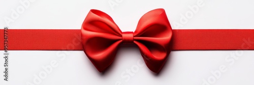 A closeup view showcases a vibrant red bow isolated on a solid white background, emphasizing its smooth texture and elegant design suitable for gifts or decoration