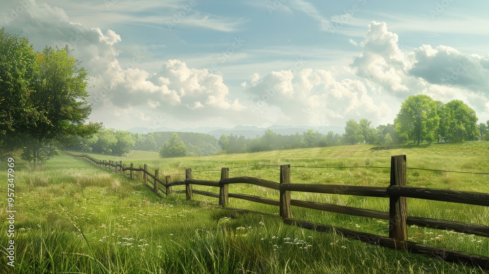 Field Fence. Wooden Fence in Green Rural Landscape with Grass and Blue Sky Field Fence. Wooden Fence in Green Rural Landscape with Grass and Blue Sky