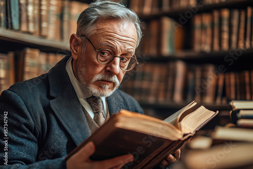 Distinguished scholar reading in historical library, Surrounded by Antique Books