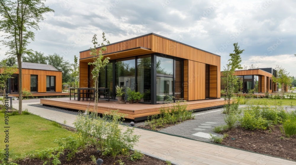 Fototapeta premium Modern Wooden Modular Homes in a Green Landscape