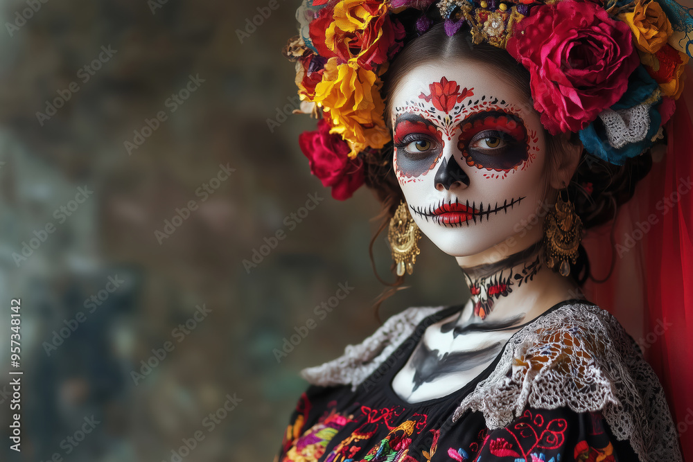 A woman dressed up for the Mexican holiday A woman dressed up for the Mexican holiday