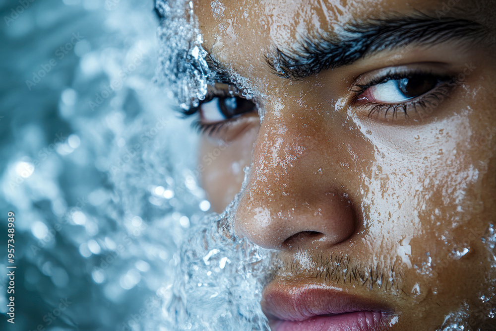Icy water droplets forming on the persons skin as they rise out of the ice bath Icy water droplets forming on the persons skin as they rise out of the ice bath