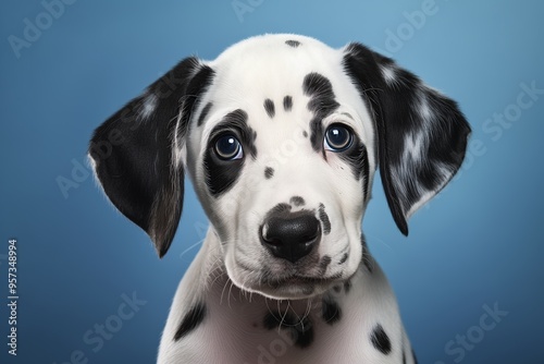 Adorable Dalmatian puppy with black spots looking at camera, portrait concept 