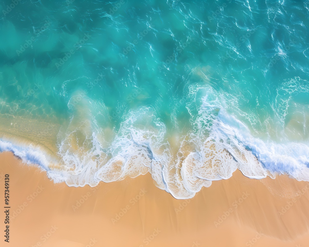 A bird's-eye view of a serene beach with bright blue water and soft waves rolling onto a sandy coastline. A bird's-eye view of a serene beach with bright blue water and soft waves rolling onto a sandy coastline.