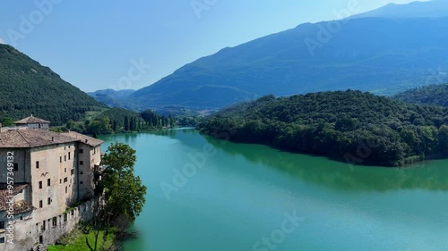 Toblino Castle, Trentino, Italy. Cardinal Bernardo Clesio. medieval castle drone, aerial photo