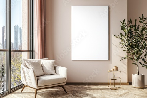 Poster Frame in Beige minimalist living room interior created with generative AI