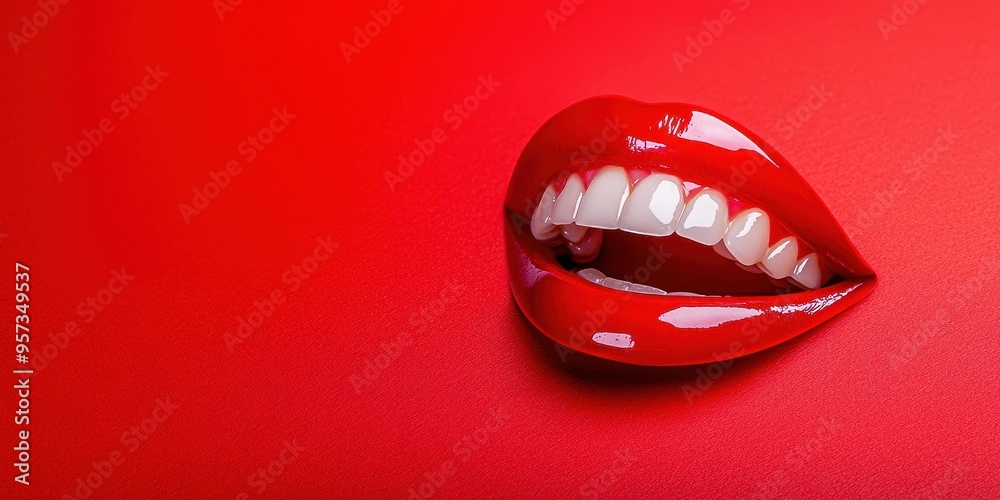 Naklejka premium A striking close-up of glossy red lips showcasing perfect white teeth against a vibrant red background.
