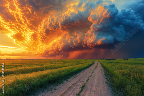 Massive supercell thunderstorm over dirt road and green fields at sunset