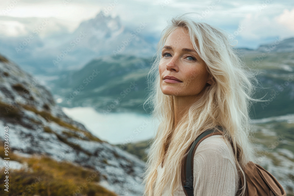 Blonde supermodel standing on a mountain trail Blonde supermodel standing on a mountain trail