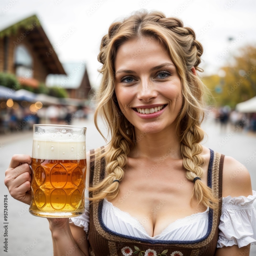 Woman enjoying a beer in a traditional Bavarian dress at Oktoberfest Woman enjoying a beer in a traditional Bavarian dress at Oktoberfest