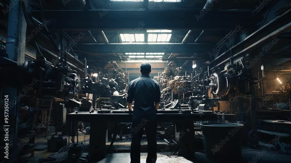 Supervisor in uniform is standing in a manufacturing workshop, observing a large number of machines. He is standing with his back to us in the middle of the hallway Supervisor in uniform is standing in a manufacturing workshop, observing a large number of machines. He is standing with his back to us in the middle of the hallway