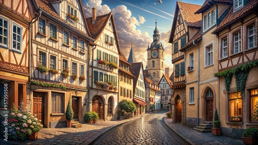 Naklejka premium Charming street view with half-timbered houses and a clock tower in a warm evening light