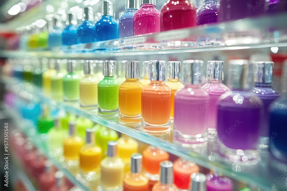 Close-up of neatly organized shelves filled with an array of colorful nail polishes in a professional nail salon. Close-up of neatly organized shelves filled with an array of colorful nail polishes in a professional nail salon.