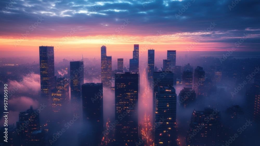 Fototapeta premium City skyline at dawn with fog rolling in