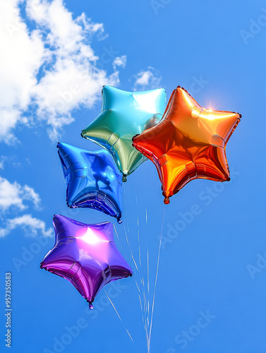 Star shaped foil balloons flying in deep blue sky with white clouds