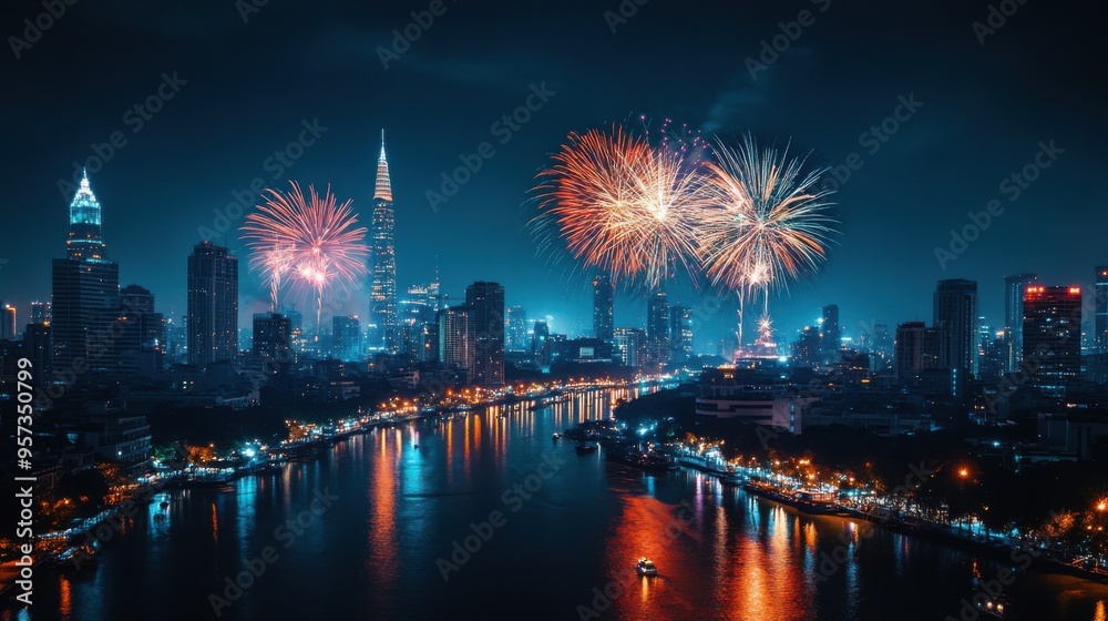 Naklejka premium City skyline with fireworks in the background